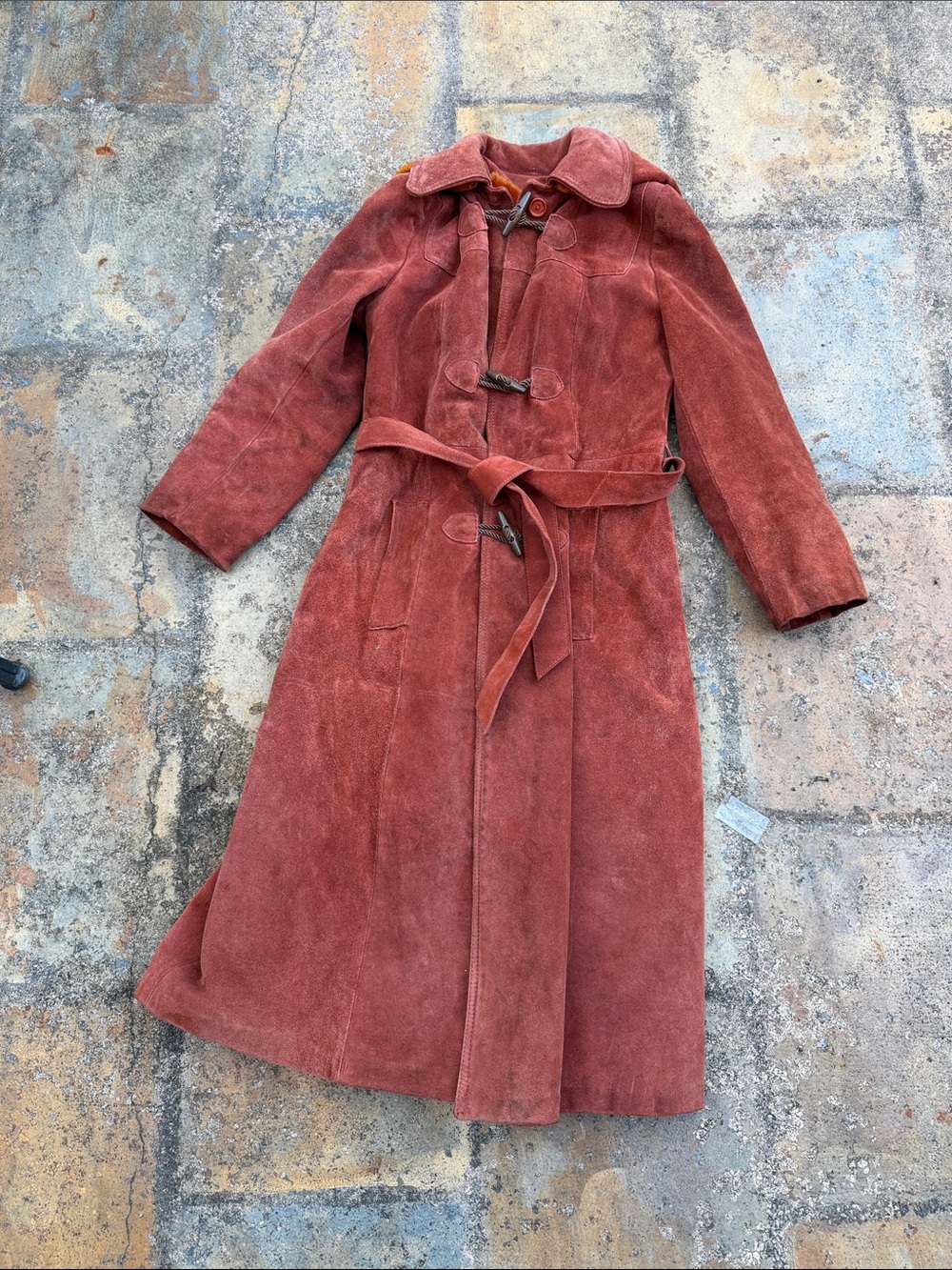 Women's Suede Trench Coat in Rust with Waist Tie, faux fur and removable hood